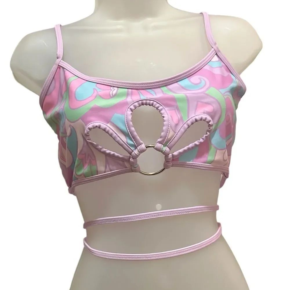 NWT Dollskill Y2K Heart Pink Peep Hole Wrap Around Halter Cropped Top Tank Shirt